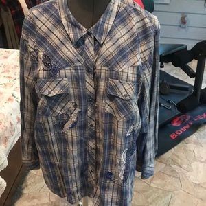 Liz and Me Blue Plaid Long Sleeve Shirt Button Snap Western Size 3X